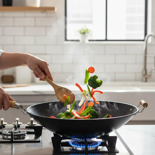 Sartén Wok Antiadherente Acero Carbono Cocina Asas Madera Negro