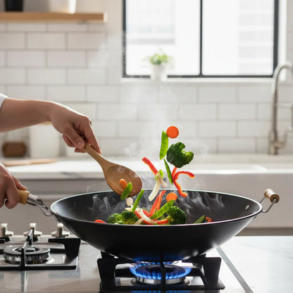 Sartén Wok Antiadherente Acero Carbono Cocina Asas Madera Negro
