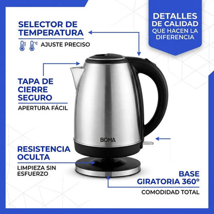 Pava Electrica 1.2l 1500w Acero Inoxidable Jarra Filtro Mate Plateado