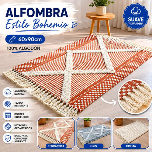 Alfombra Bohemia Algodón Decorativa 60x90 Geométrica Boho 90 Cm 60 Cm Crema