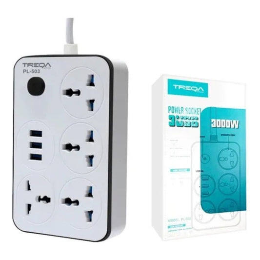 Zapatilla Con 3 Usb + 4 Conectores Alargue 2 Metros Cable