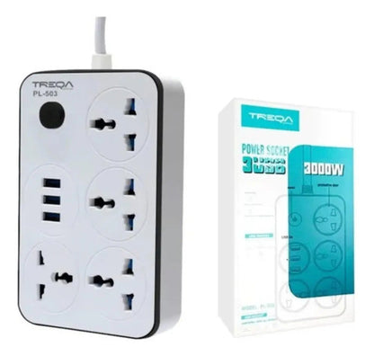 Zapatilla Con 3 Usb + 4 Conectores Alargue 2 Metros Cable Blanco C/ Negro
