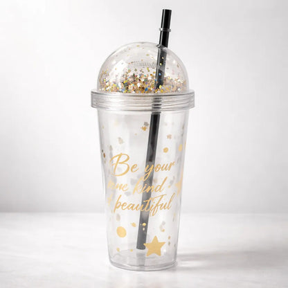Vaso Acrílico Con Tapa Glitter Y Sorbito 450ml Bebida Aleatorio