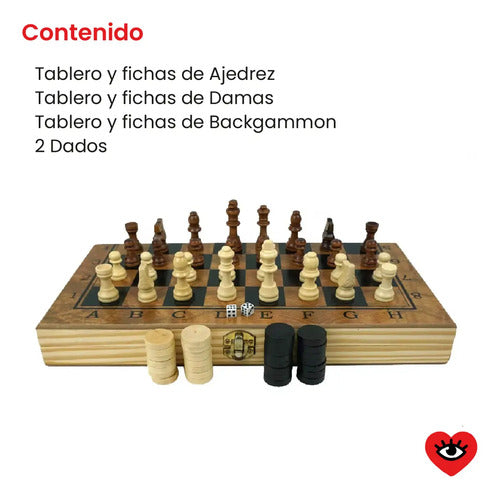 Juego Ajedrez Damas Backgammon Tablero Madera 24cm Portatil Veoquiero