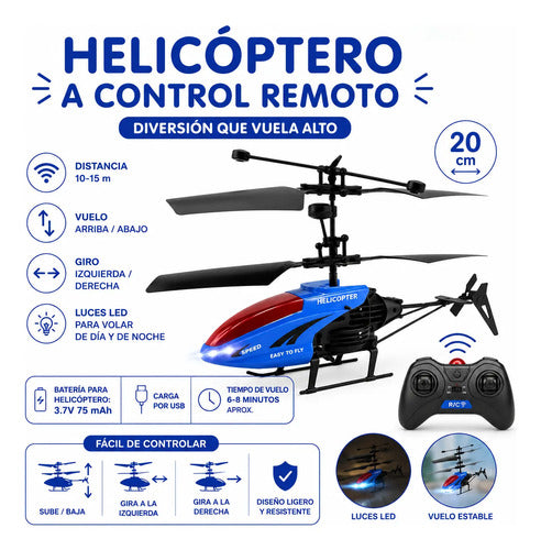 Helicóptero Infantil Control Remoto Luces Led Recargable Azul