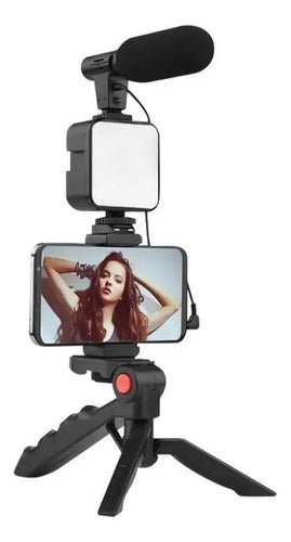 Tripode Soporte Celular Con Luz Led Y Microfono Para Video Negro