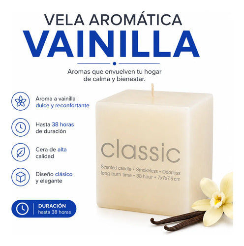 Vela Aromática Perfumada Vainilla Cuadrada 7x7,5cm Cera 38hr Crema