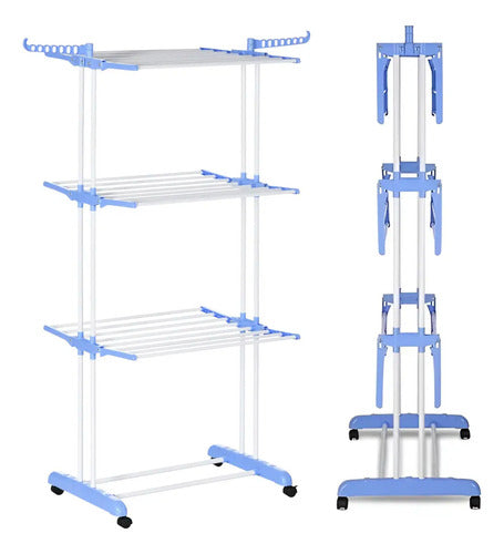 Tender Tendedero Vertical Importbaires Plegable De 3 Niveles Percheros Adicionales Y Base Para Calzados Con Ruedas Blanco/azul