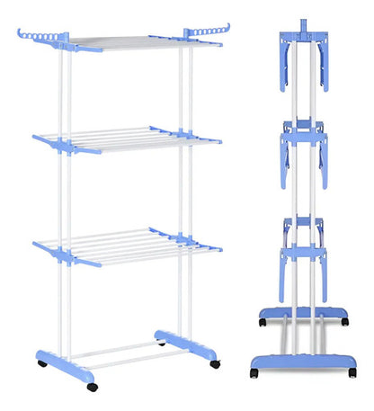 Tender Tendedero Vertical Importbaires Plegable De 3 Niveles Percheros Adicionales Y Base Para Calzados Con Ruedas Blanco/azul