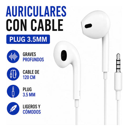 Auriculares Cable Plug 3.5mm Graves Profundos 12m Celular Blanco