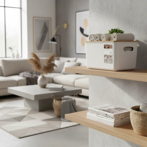 Contenedor Caja Organizadora Plastica Tapa Madera 25.5cm Pp Blanco