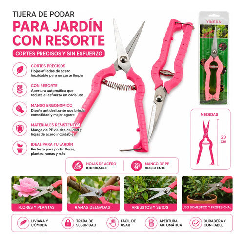 Tijera Podar Jardín Acero Inoxidable Resorte Hoja Recta 20cm Rojo