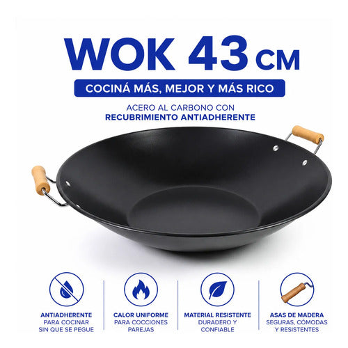 Sarten Wok Antiadherente 43cm Acero Carbono Asas Madera Negro
