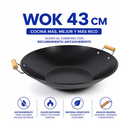 Sarten Wok Antiadherente 43cm Acero Carbono Asas Madera Negro