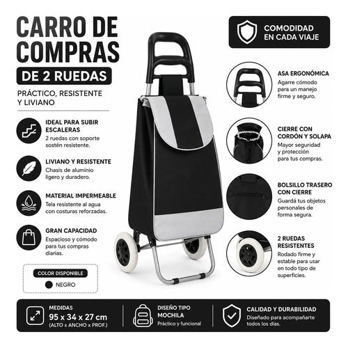 Carro Compras Bolso Impermeable Con 2 Ruedas 95x34x27 Cm Negro
