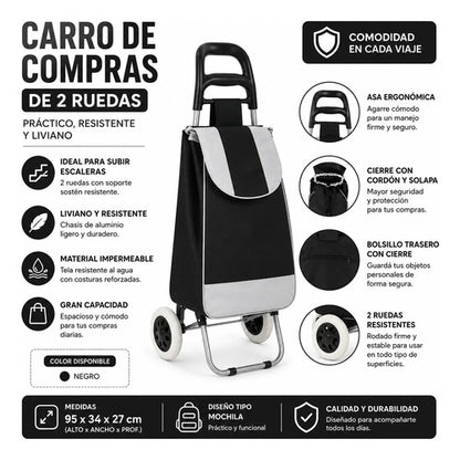 Carro Compras Bolso Impermeable Con 2 Ruedas 95x34x27 Cm Negro
