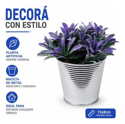 Maceta Metálica Planta Artificial Metal 15x8 Cm Decorativa Violeta