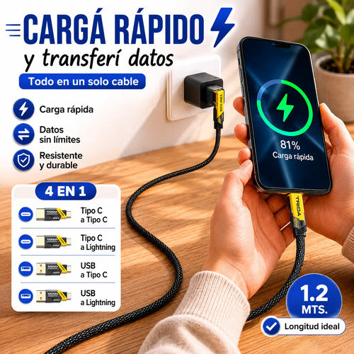 Cable Reforzado 4 En 1 Carga Rapida Datos Usb Tipo C 8 Pines Negro