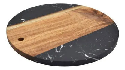 Tabla De Cocina Madera Mármol Picar Servir Redonda 25cm Madera Y Mármol Negro Con Marrón
