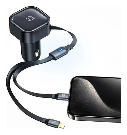 Cargador De Auto Retractil Usb C Tipo C Con Cables 30w Negro