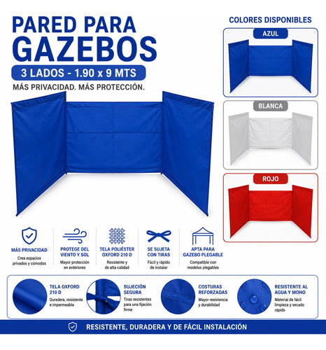 Paredes Gazebo 3 Lados 1.90x9m Oxford Plegable Cerramiento Azul