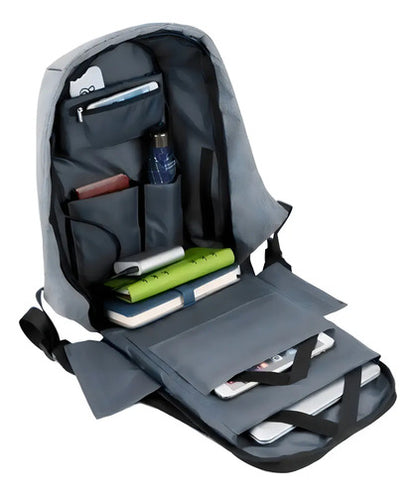Mochila Anti-robo Para Laptop Con Puerto Usb Impermeable Color Gris