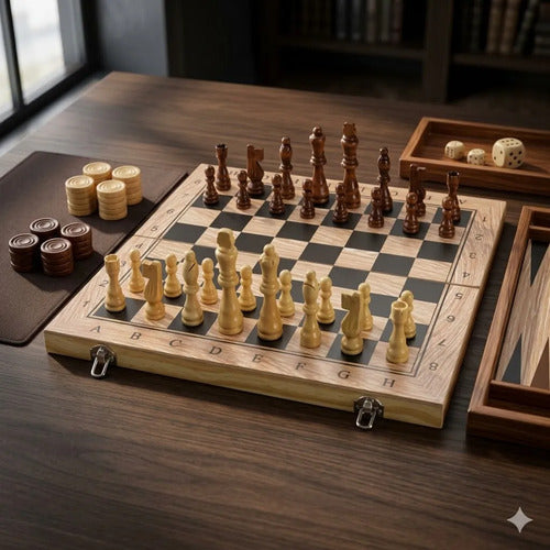 Tablero Ajedrez Juego Mesa Madera 3 En 1 Damas Backgammon