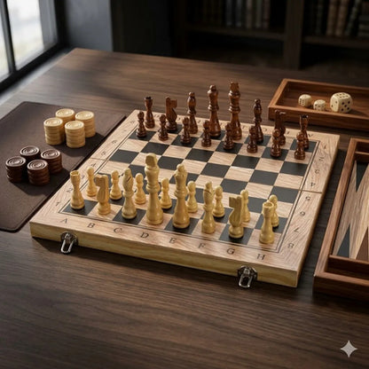 Tablero Ajedrez Juego Mesa Madera 3 En 1 Damas Backgammon