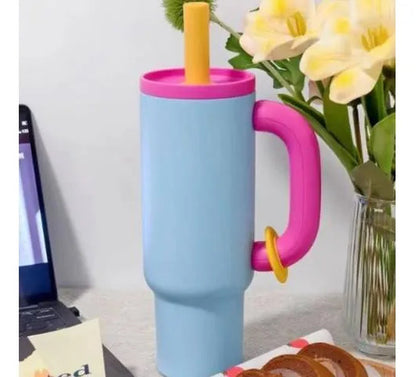 Vaso Termico 1.2l Acero Manija Sorbito Tapa 4 Color Botella Celeste Con Rosado Moderno Con Manija Y Sorbito