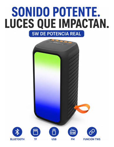 Parlante Bluetooth Portátil Tws Usb Tf Fm Full Led Rgb 5w Negro