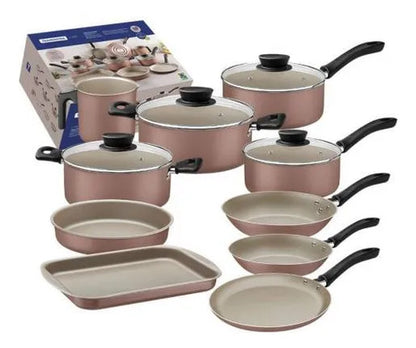 Juego Olla Sarten Diez Pieza Bateria Cocina Hogar Resistente Rosa