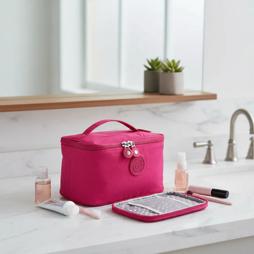 Neceser Organizador Doble Cierre Maquillaje Separador 21cm Fucsia