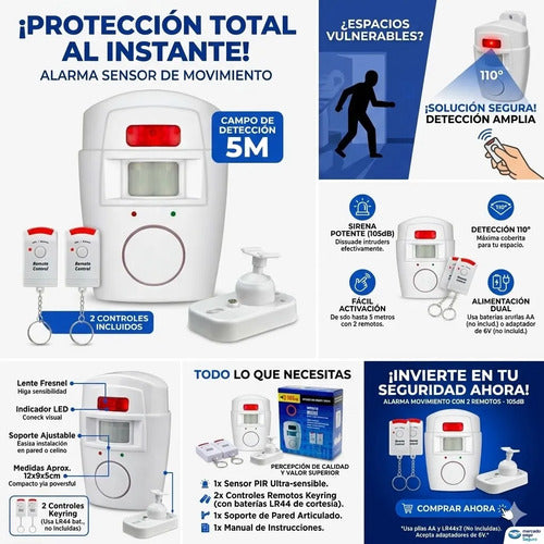Alarma Con Sensor De Movimiento 110db Con 2 Controles Remoto Blanco