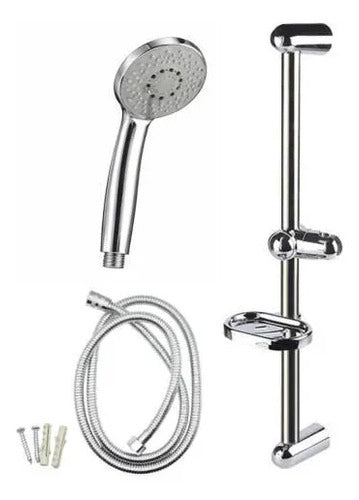 Set Duchero Manual Barra Manguera Jabonera Mango Ajustable Plateado Cromado