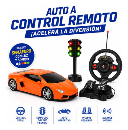 Auto Control Remoto Volante Pedalera Semáforo Luz Sonido Rc Rojo