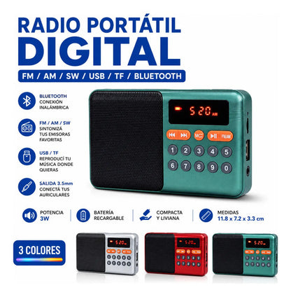 Radio Portátil Digital Bluetooth Fm Am Sw Usb Tf Recargable Variedad De Colores