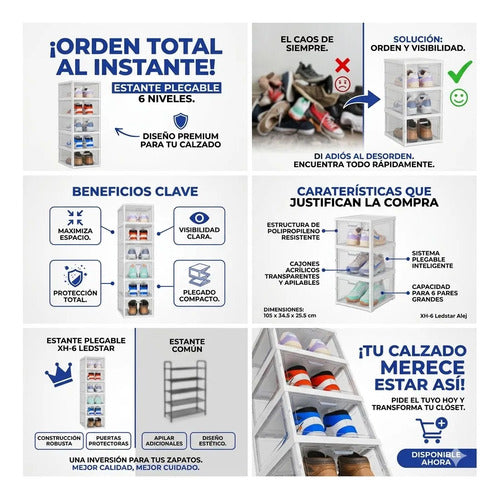 Organizador Calzado Mueble Plegable 6 Estante Acrilico 105cm Blanco