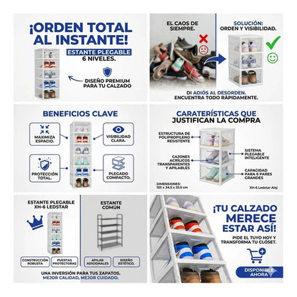 Organizador Calzado Mueble Plegable 6 Estante Acrilico 105cm Blanco