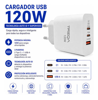 Cargador Usb Tipo C X2 Carga Rápida Supervooc Auto Id Usb A Blanco