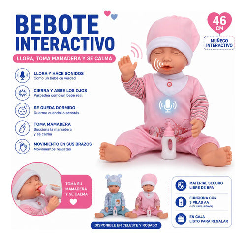 Muñeco Bebe Interactivo 46cm Movimientos Sonidos Mamadera