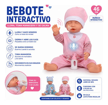 Muñeco Bebe Interactivo 46cm Movimientos Sonidos Mamadera