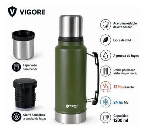 Termo Acero Inoxidable 1.2l Asa Plegable Hermético 2 Paredes Verde