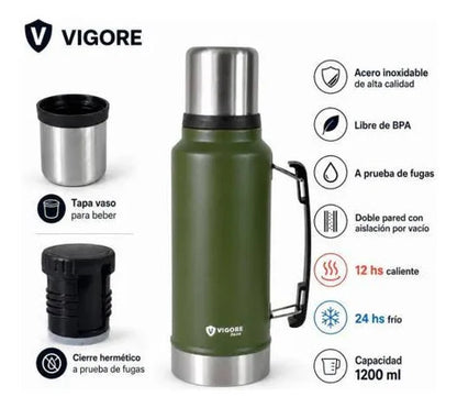 Termo Acero Inoxidable 1.2l Asa Plegable Hermético 2 Paredes Verde