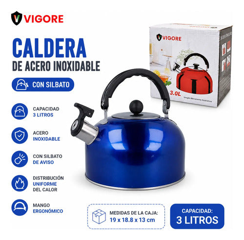 Caldera Acero Inoxidable Asa Rebatible Silbato 3l Pava Azul Azul