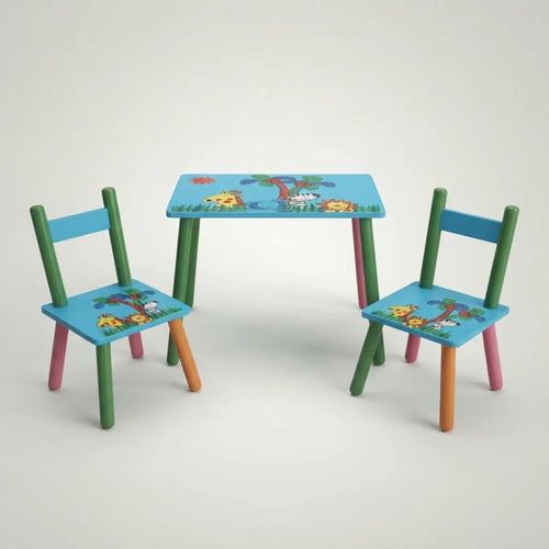 Set Mesa Infantil 2 Sillas Madera Fácil Armado Para Niños Celeste