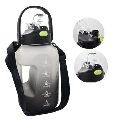 Botella Agua Deportiva 2.2l Doble Pico Deportiva Correa Negro Con Blanco