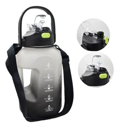 Botella Agua Deportiva 2.2l Doble Pico Deportiva Correa Negro Con Blanco