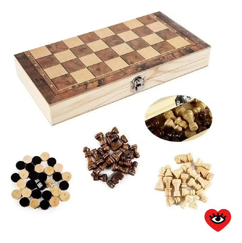 Juego Ajedrez Damas Backgammon Tablero Madera 24cm Portatil Veoquiero
