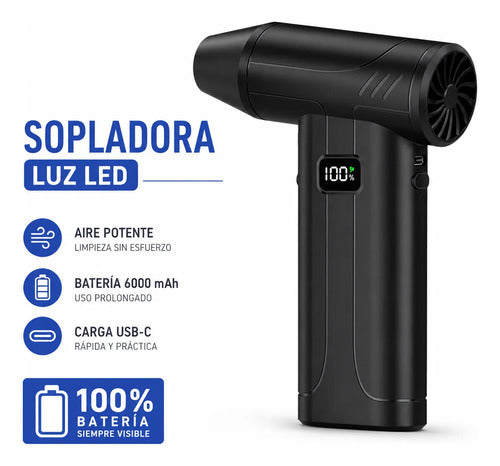 Mini Sopladora Portátil Recargable 6000mah Usb-c Led Negro