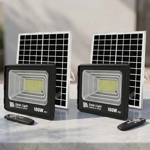 X2 Foco Solar Led Reflector Exterior 100w Con Control Remoto Negro Blanco Frío